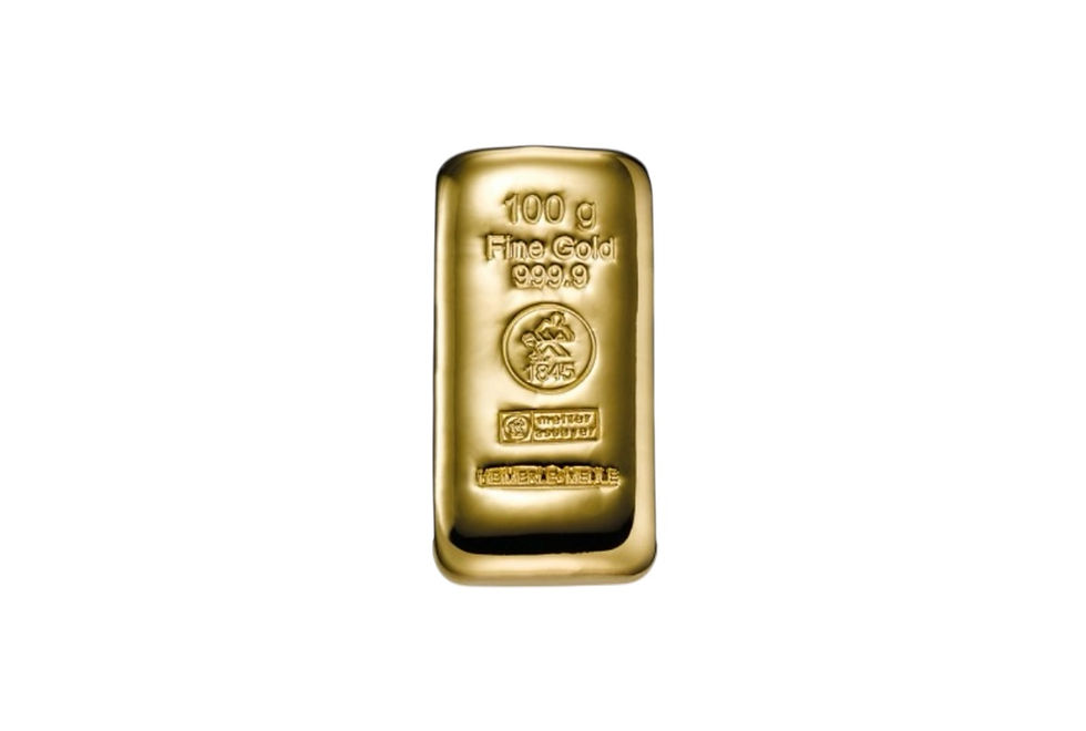 Miniaturbild: Goldbarren mit 100 g Feingold, Hahnwald Gold und detaillierten Prägungen.