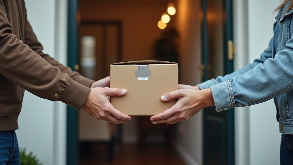 Close-up view of a delivery person handing a package to a customer at their doorstep