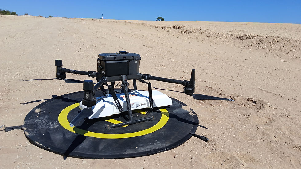 Eye-level view of a drone hovering over a rocky terrain