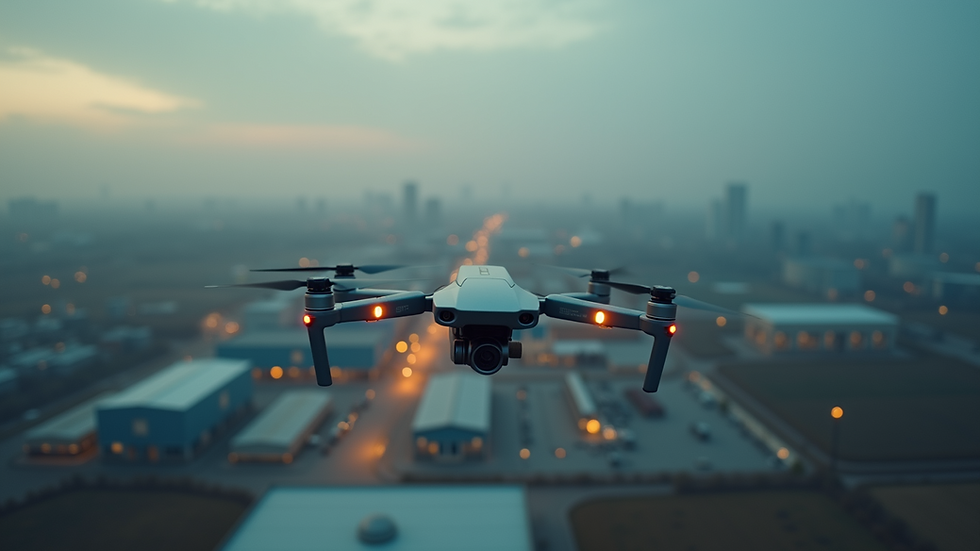 High angle view of a drone flying over an industrial site