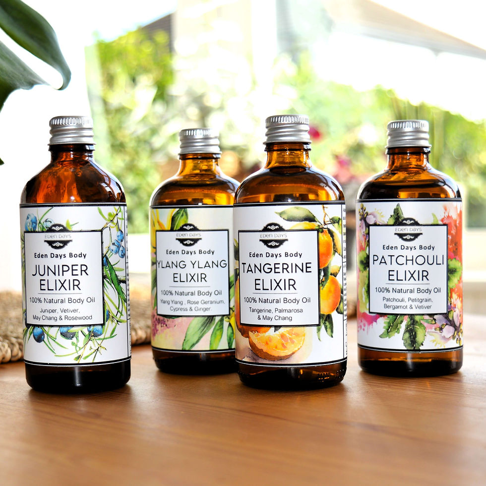 Eye-level view of natural skincare products arranged on wooden surface