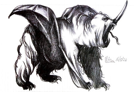 Graphite on paper
20,5x29,5cm
2024
Drawing inspired by the fusion of animals symbols of the Mother goddess: the bear,the snake and two animals added by me, the rhinoceros and the bat.