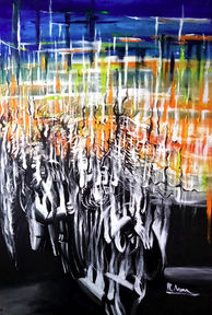 The artwork unfolds in a dynamic composition. The upper portion is dominated by an intense blue, crossed by horizontal and vertical brushstrokes in white, yellow, and orange, which create an effect of fragmented light. Below, a cascade of vibrant strokes in warm tones blends with dark, twisted forms, outlined by energetic white brushstrokes. These abstract, almost spectral figures evoke a sense of movement and drama, suggesting the narrative of the title through an intense, gestural visual expression.