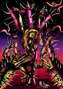 Crucifixion inspired by the works of Ivan Vecenaj, a naive artist of the Hlebine school who evokes traumatic and threatening images relating to the theme of sexual and psychological abuse. Digital art, 2026