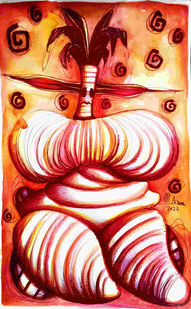 Watercolors and pens on paper
35x22,5cm
2024
"Mother Goddess I" features a stylized, voluminous figure with rounded, layered forms, evoking an ancient fertility deity. The palm-like head culminates in a trunk with a pared-down face. The drawing is immersed in a vibrant palette of oranges, reds, and yellows, with shading that lends depth and texture. Dark spirals dance in the background, adding dynamic movement to the work. The skillful use of color and line-work creates a powerful and evocative image.