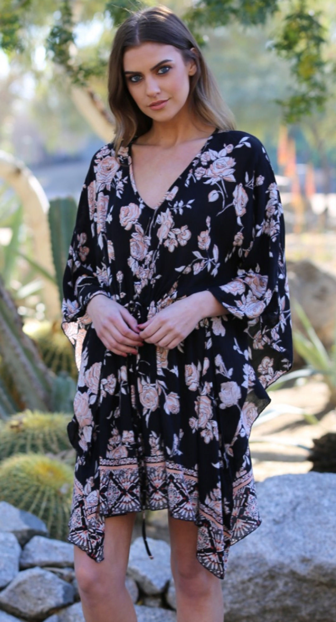 FLORAL BLACK DRESS WITH BUTTERFLY SHAPED ARMS
