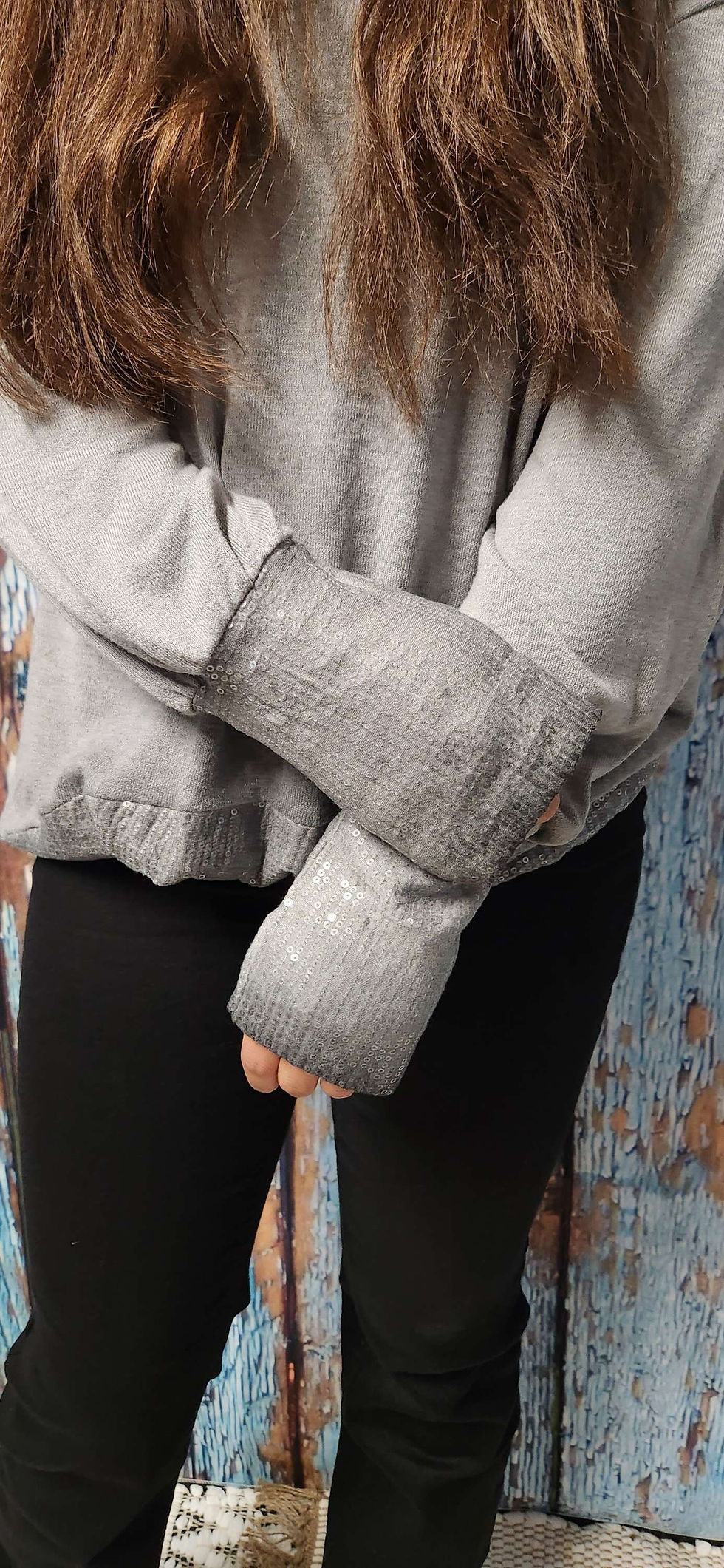 Thumbnail: SEQUIN SLEEVE & WAIST GREY WASH HOODED KNIT SWEATER #1723