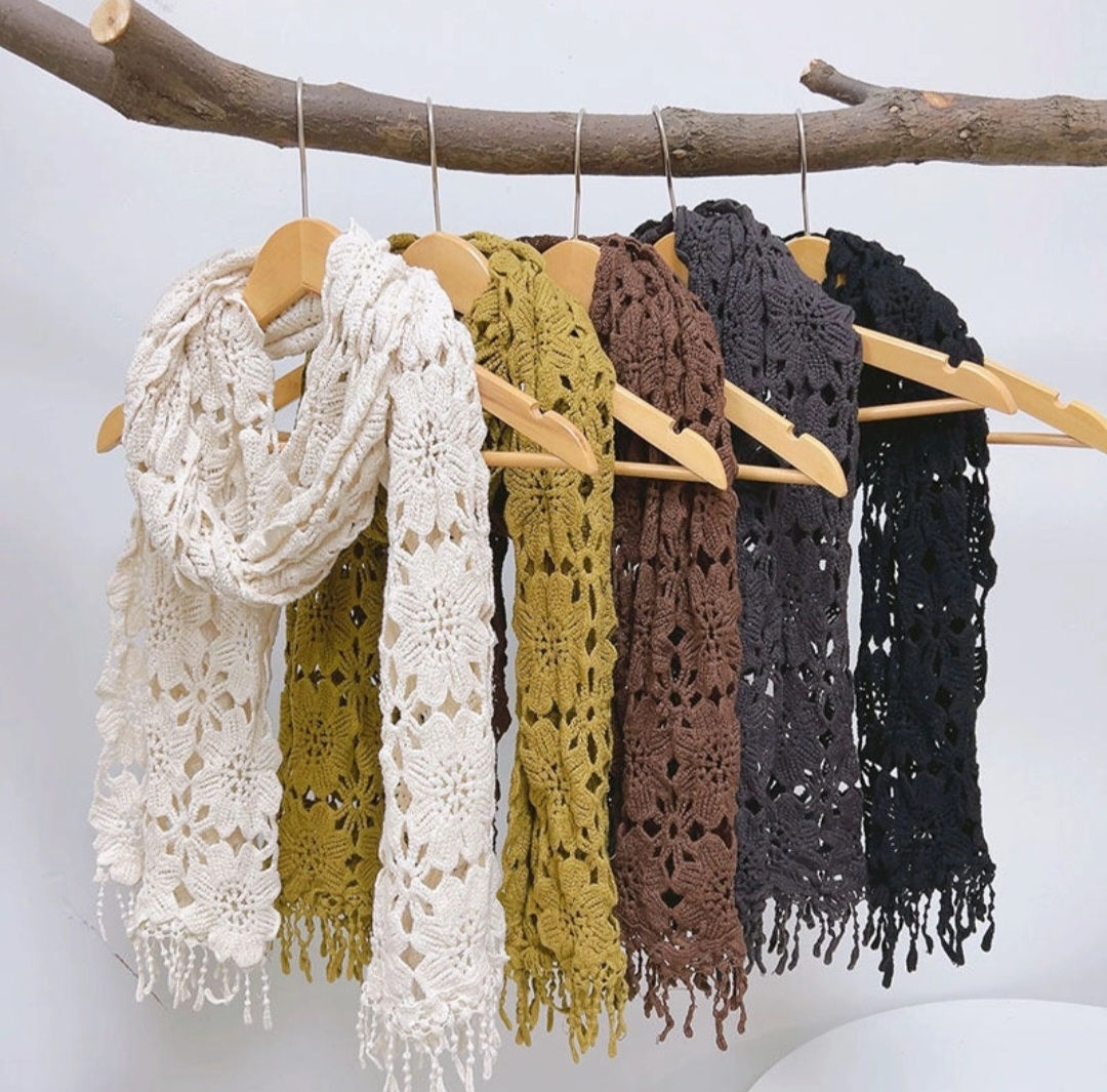 CROCHET FLORAL FRINGE WINTER SCARVES IN 5 COLORS #3635 
