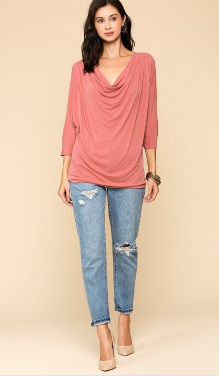 Thumbnail: FRONT DRAP NECKLINE & COLD SHOULDER 3/4 SLEEVE IN TWO COLORS #253