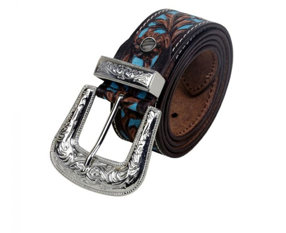 Thumbnail: GENUINE TOOLED LEATHER BELT WITH TEAL DETAIL #1112