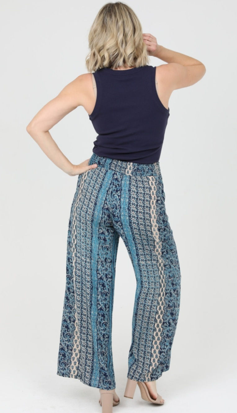 Thumbnail: BLUE STRIPED FLORAL PRINT PALAZZO PANT WITH POCKETS & ELASTIC WAISTBAND #2466