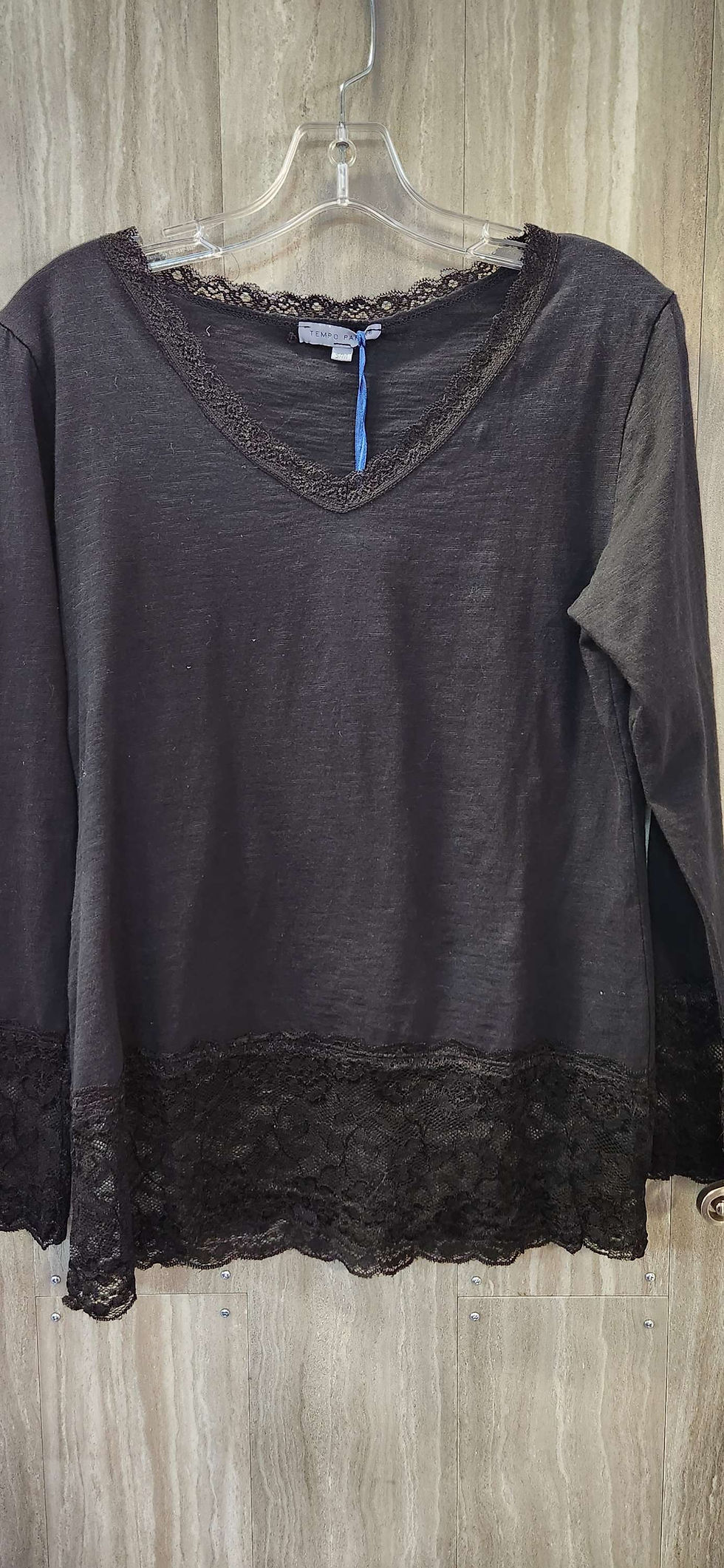 Thumbnail: MINERAL WASH LONG SLEEVE V-NECK TEE WITH LACE TRIM MADE IN ITALY #1898