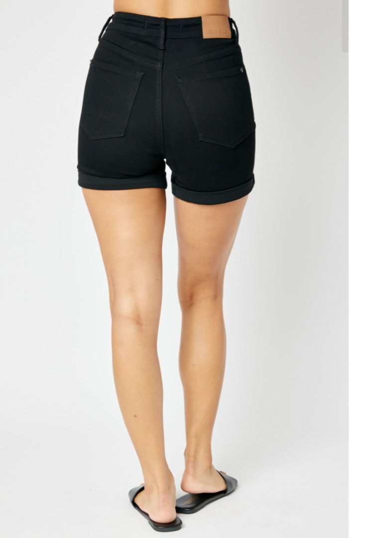 Thumbnail: JUDY BLUE BRAND BLACK HIGH-RISE TUMMY CONTROL CUFFED STRETCHY SHORTS #2544