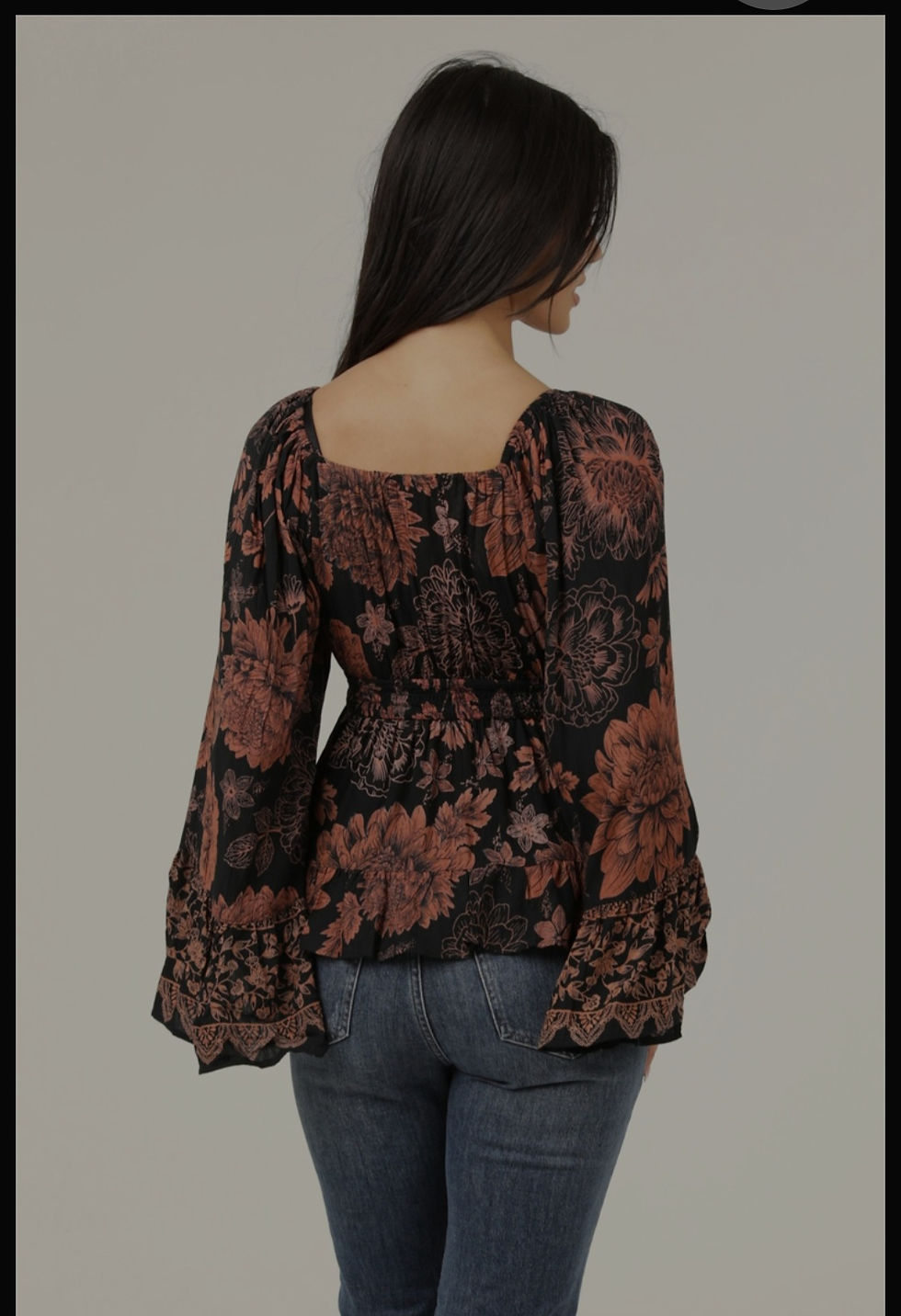Thumbnail: LONG BELL SLEEVE V-NECK RUSTY FLORAL PRINT TOP WITH LACE DETAILS #4122
