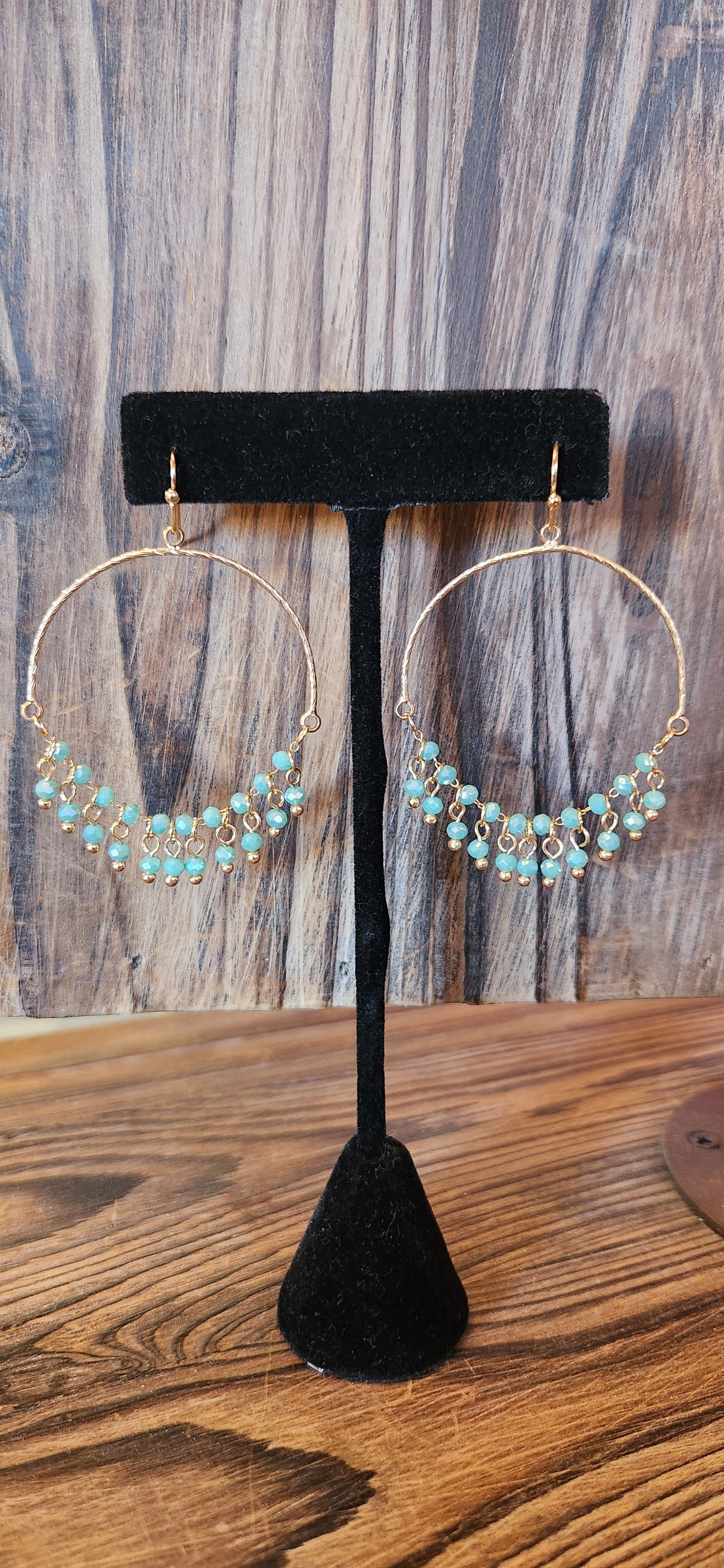 RAIN JEWELRY BRAND TEAL BLUE FACETED BEAD DANGLE GOLD HALF HOOP EARRINGS #3926