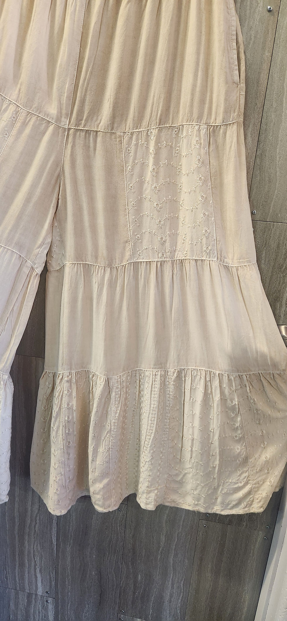 Thumbnail: LATTE COLORED WIDE LEG EYELIT LACE PATCHWORK PALAZZO PANT WITH POCKETS #3881 