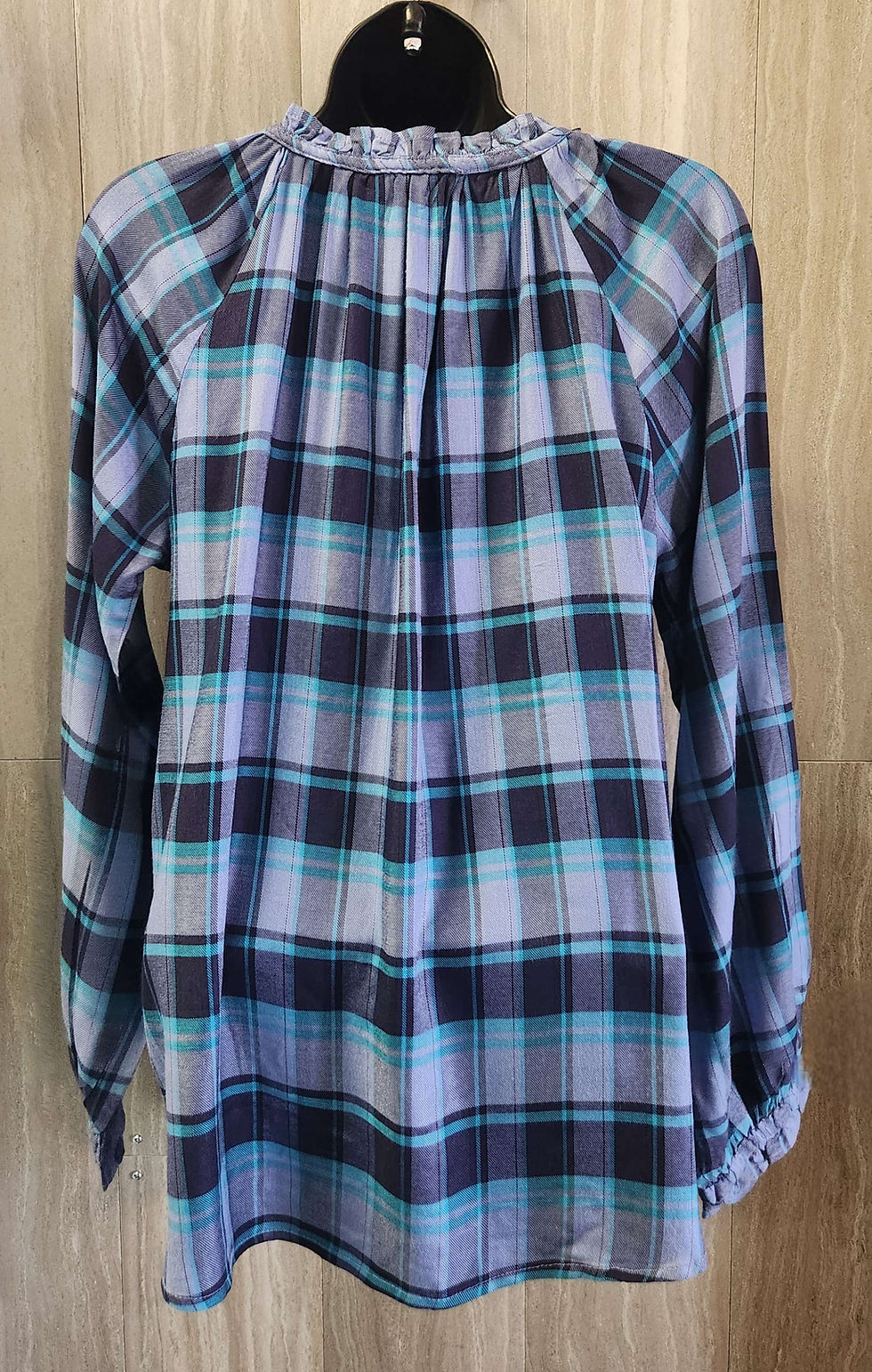 Thumbnail: NAVY/LAVENDER PLAID LONG SLEEVE LIGHTWEIGHT BLOUSE WITH TIE NECK DETAIL #2592