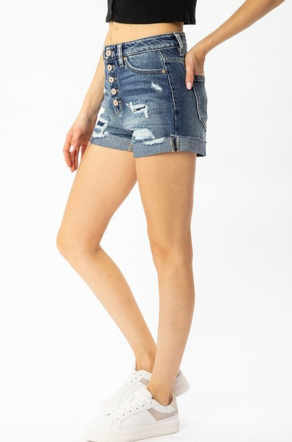 Thumbnail: HIGH RISE BUTTON FLY KANCAN SHORTS WITH DISTRESSING #842
