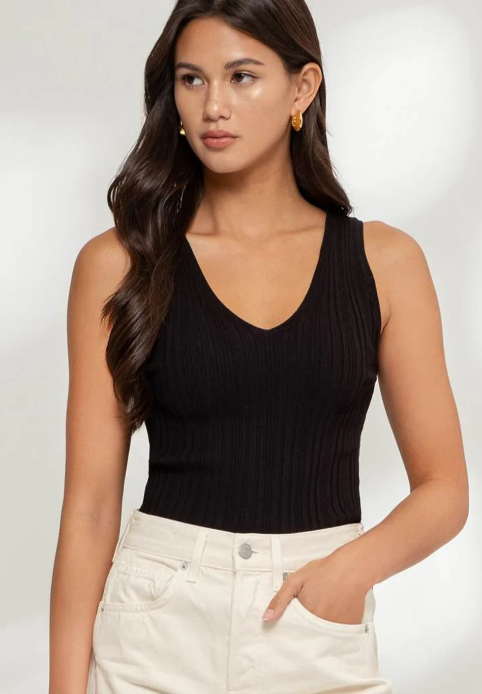 Thumbnail: V-NECK SWEATER KNIT SUPER STRETCHY SLEEVELESS TOP IN 5 COLORS #3892