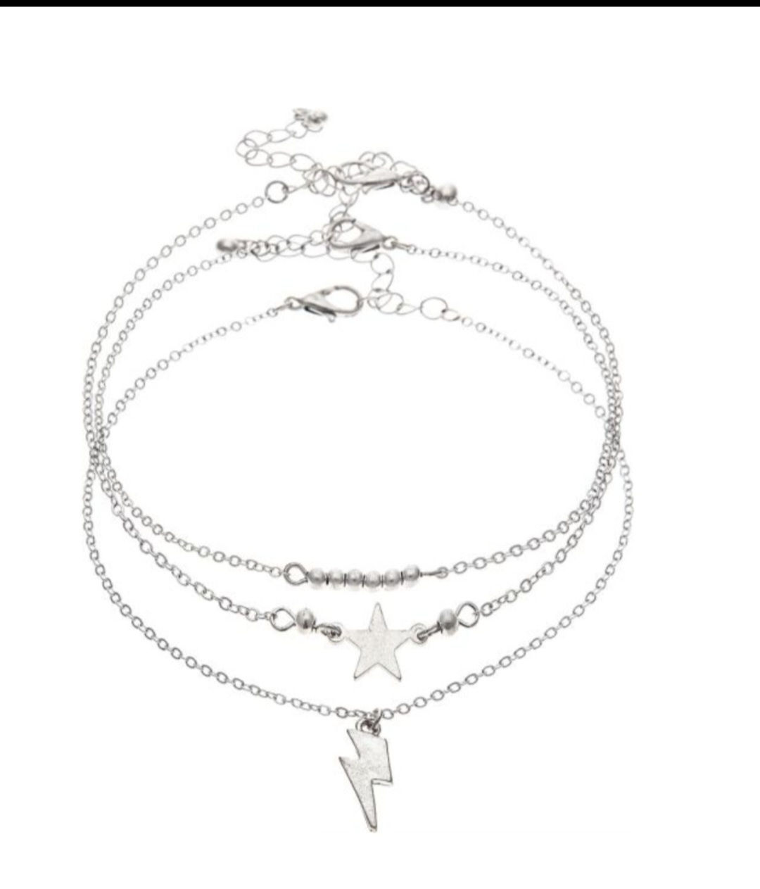 RAIN JEWELRY BRAND SILVER CHARME TRIPLE ANKLET SET STAR & LIGHTENING BOLT #3817