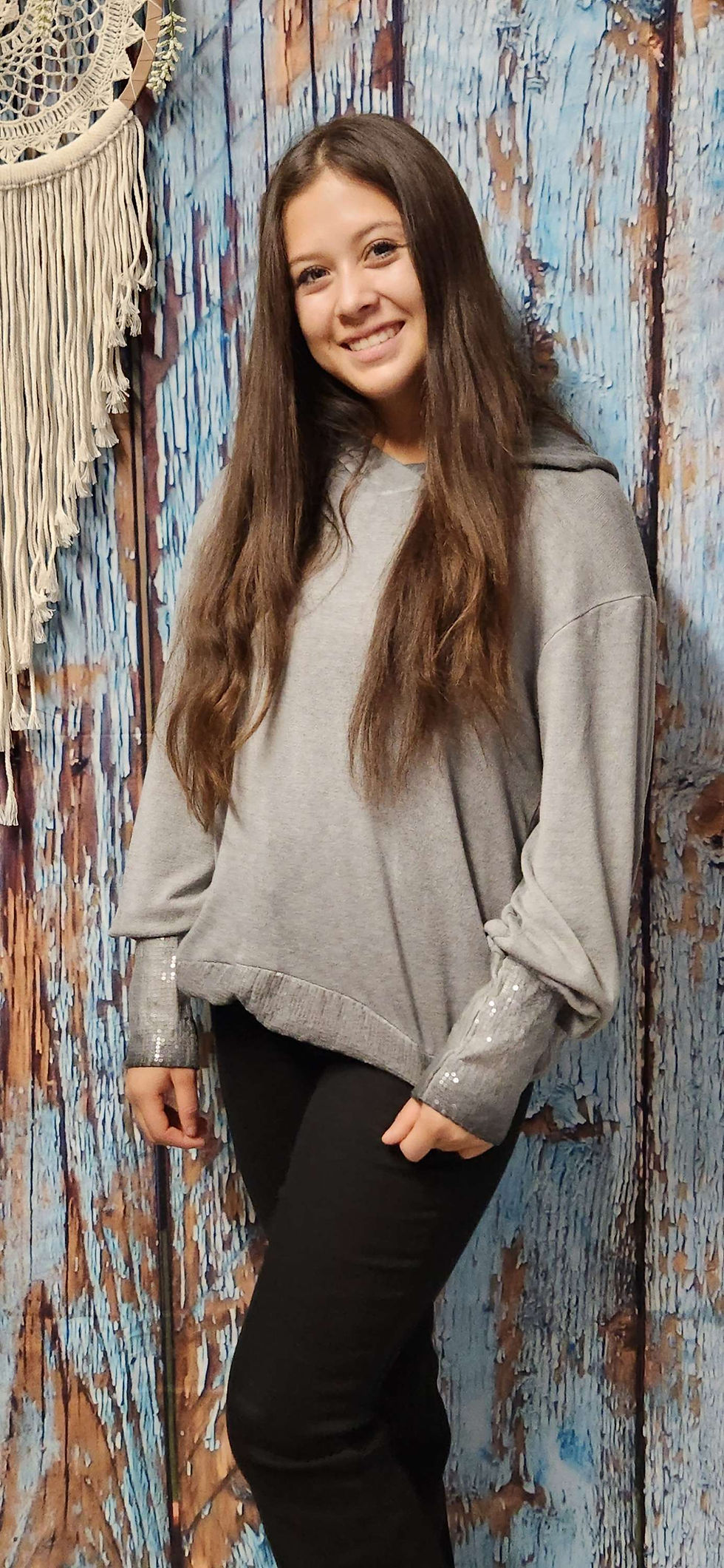 Thumbnail: SEQUIN SLEEVE & WAIST GREY WASH HOODED KNIT SWEATER #1723