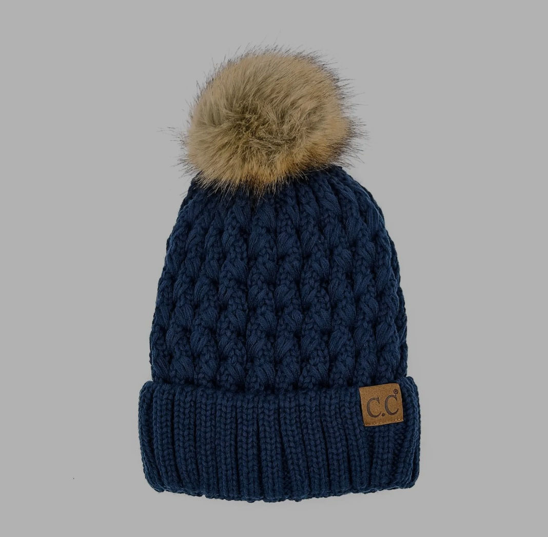 CC BEANIE BRAND NAVY BLUE KNIT FUR POMPOM LINED WINTER BEANIE HAT #4101