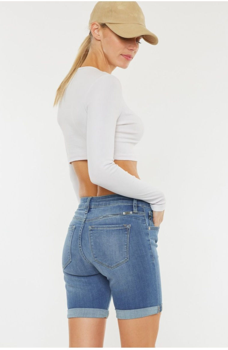 Thumbnail: KANCAN BRAND MID-RISE MID-WASH FOLDED HEM LONG SHORTS #2078