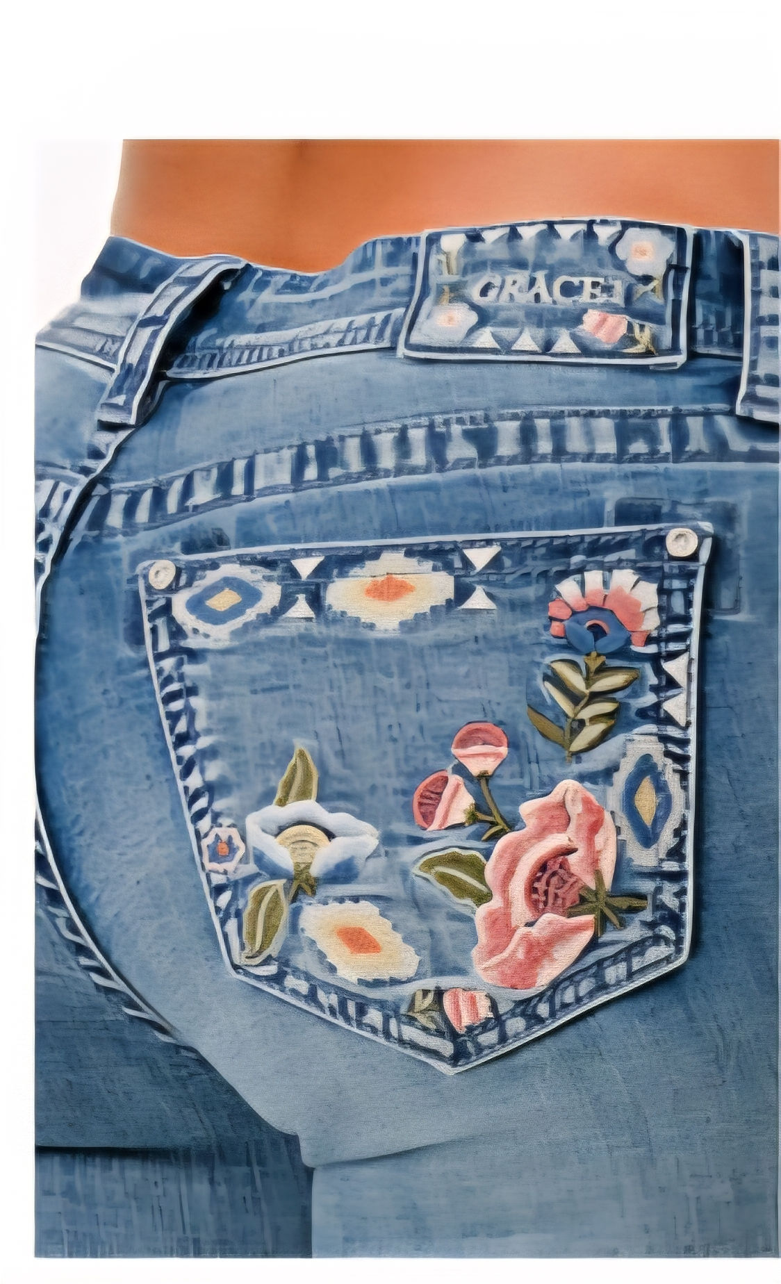 GRACE IN LA EASY FIT MID-RISE EMBROIDERED FLOWER DETAIL FLARE JEANS #3848