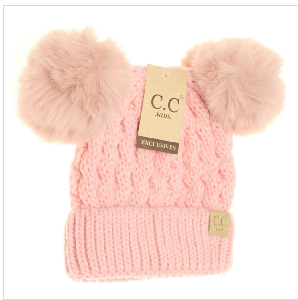 Thumbnail: KIDS SIZE CABLE KNIT DOUBLE POMPOM CC BEANIE IN PIN, BLACK & IVORY #2286
