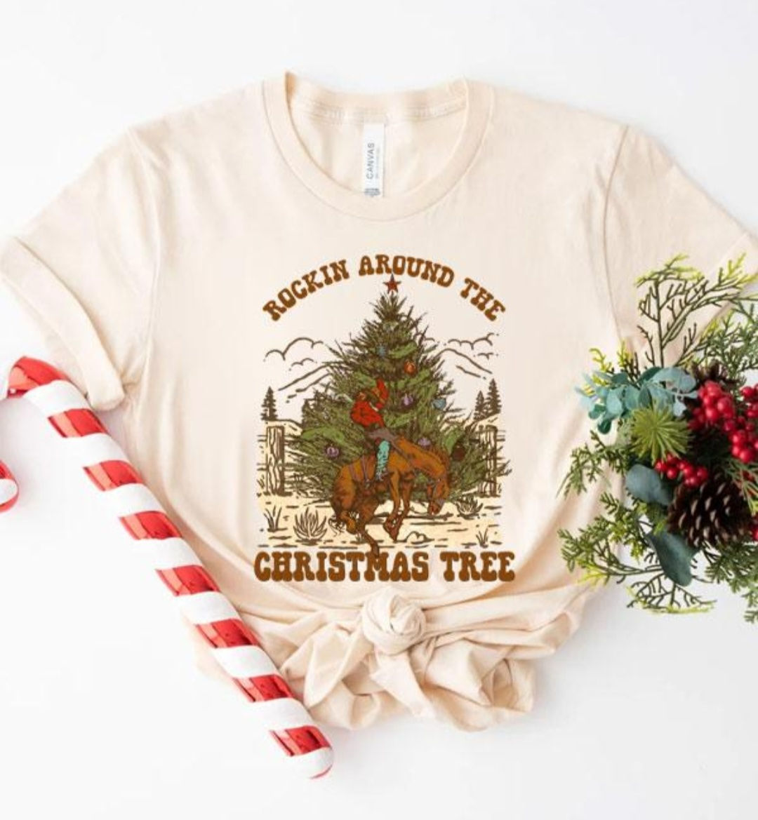 ROCKIN AROUND THE CHRISTMAS TREE BUCKING BRONCHO COWBOY COUNTRY TEE #1756