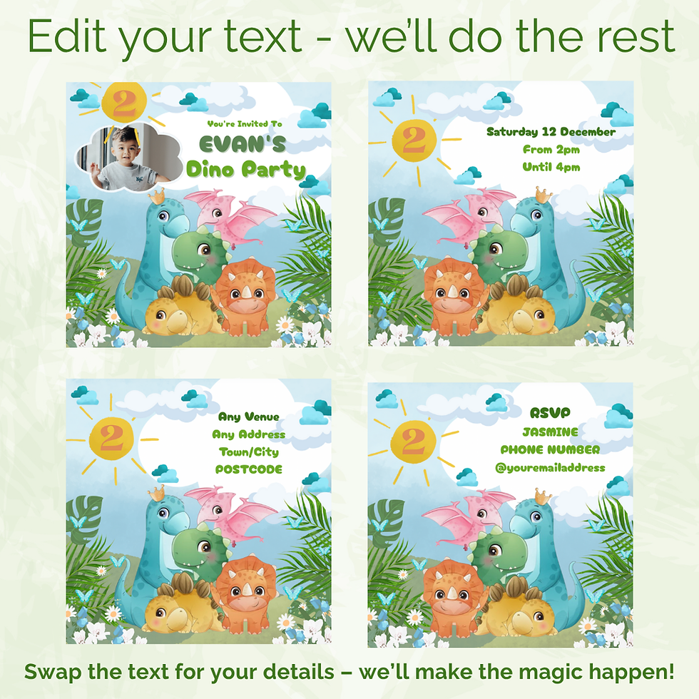 Cute dinosaur personalised animated birthday invitation video – add your own photo or video.