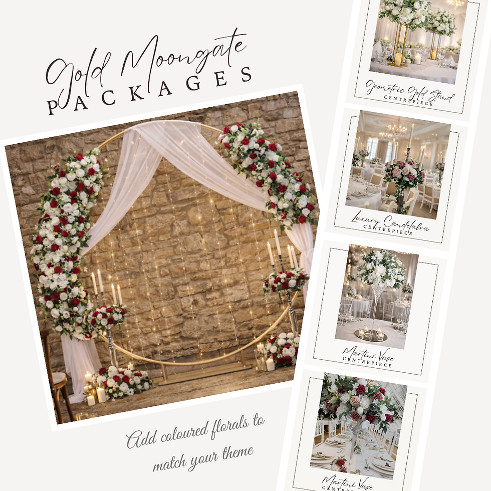 Thumbnail: Gold moongate backdrop package ideas with matching flowers and wedding décor accessories.
