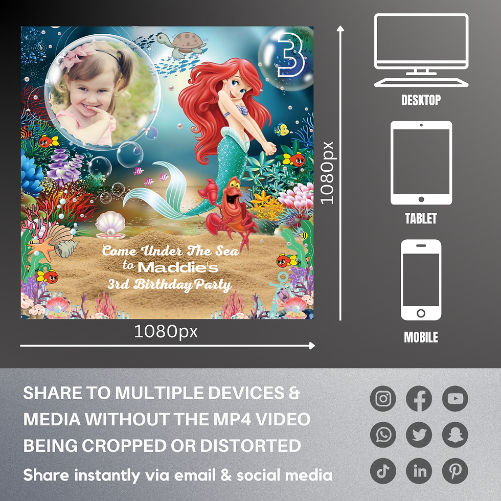 Thumbnail: Little Mermaid underwater invitation with Ariel and Sebastian – add your photo or video, personalised animated ecard.