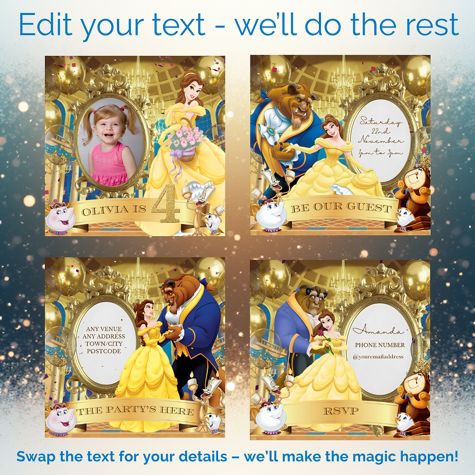 Beauty and the Beast personalised birthday invitation with option to add your own photo or video.