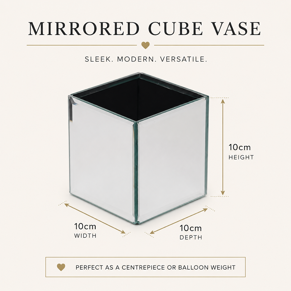 Mirrored cube vase available for hire, ideal for enhancing table decor and creating stunning centrepieces.