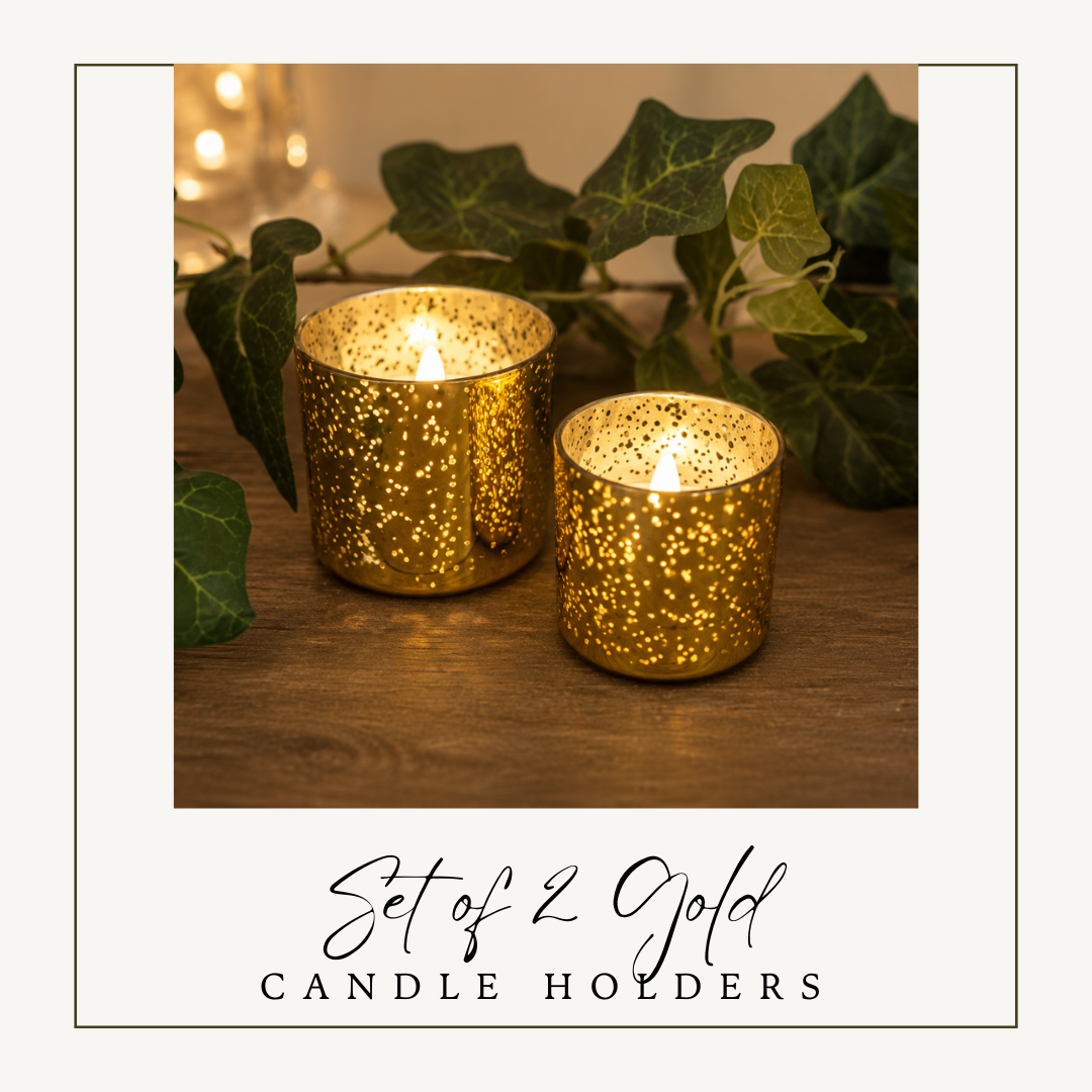 A pair of speckled gold candle holders featuring LED tea light candles, adding elegance to any decor.