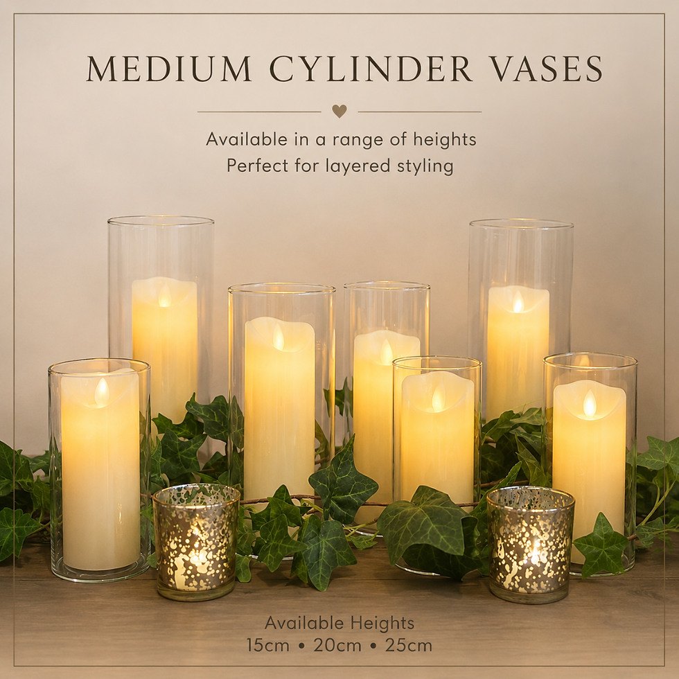 Thumbnail: Multiple glass cylinder vases with LED candles on mirrored base wedding table centrepiece