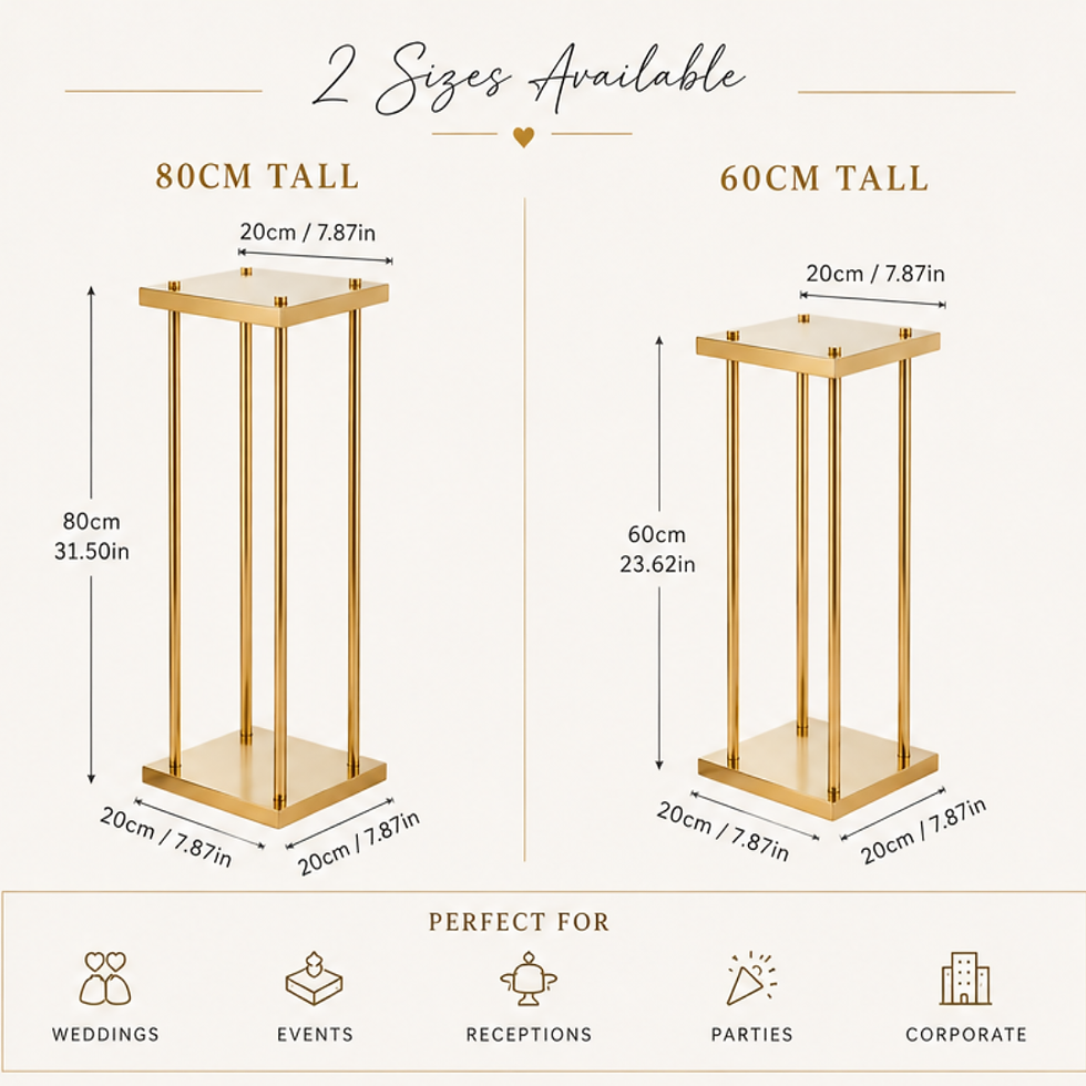 Gold geometric stand size guide showing 60cm and 80cm wedding centrepiece stands
