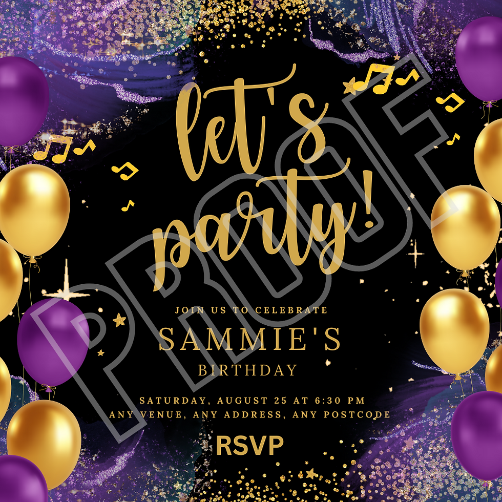Purple & Gold, Let's Party Birthday Invitation
