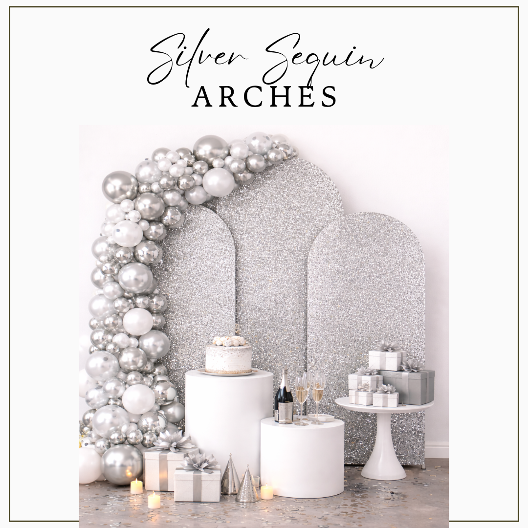 Silver sequin arch backdrops with balloon styling for weddings, birthdays and events