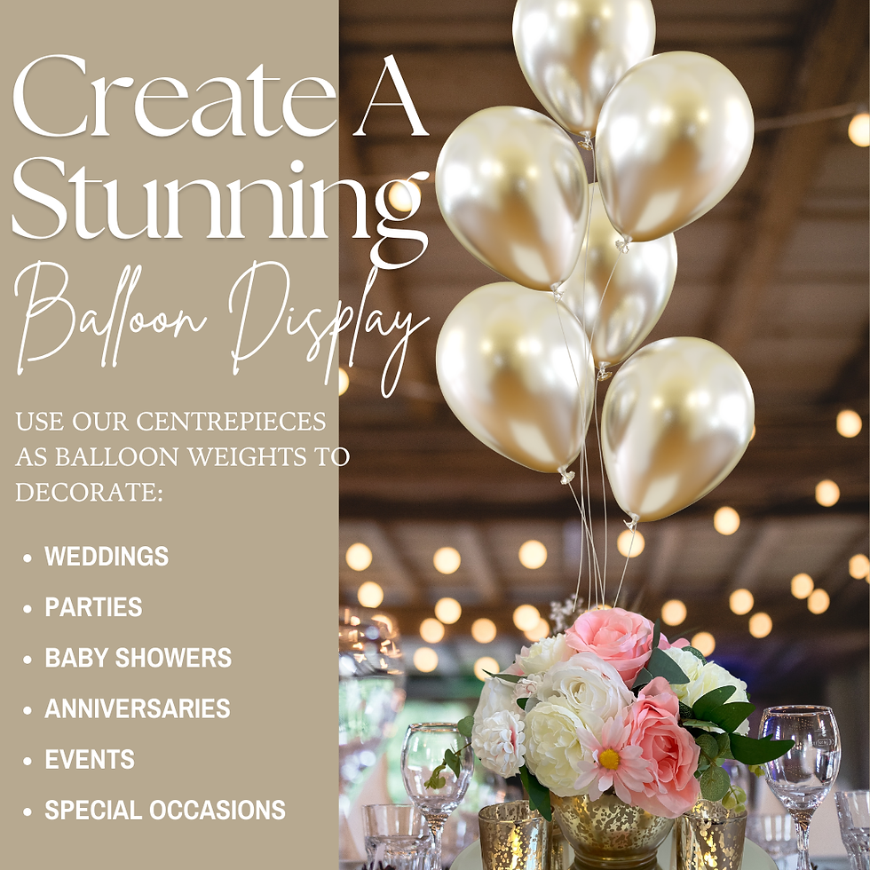 Thumbnail: Elegant floral centrepieces act as weights for balloon bunches, adding charm and style to the overall display.