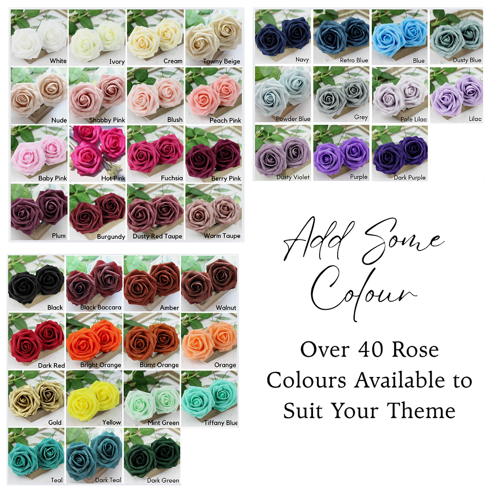 Selection of artificial coloured roses to customise your wedding centrepieces and floral decor