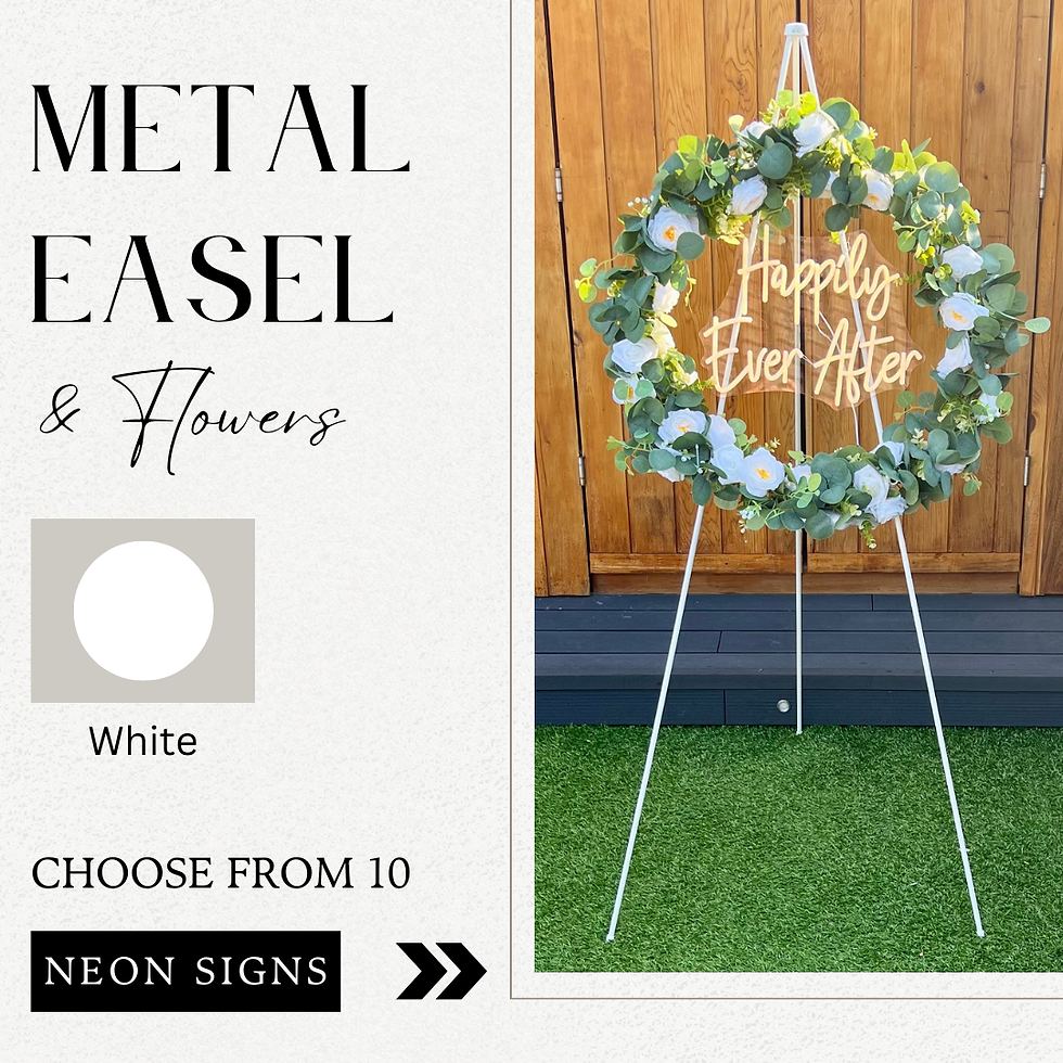 Thumbnail: A modern white metal easel displays an artificial floral wreath and a vibrant neon welcome sign.