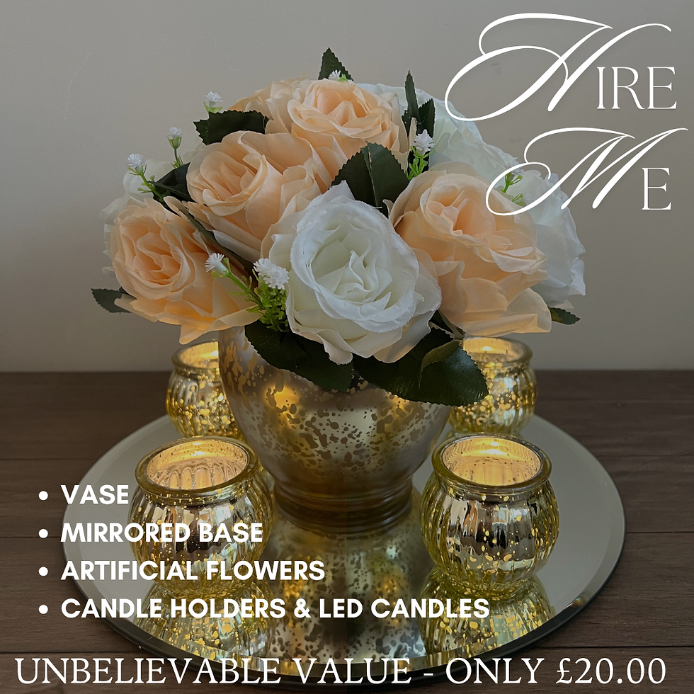 Thumbnail: A stunning centrepiece featuring peach roses in a vase, set on a mirrored base with elegant candle holders.