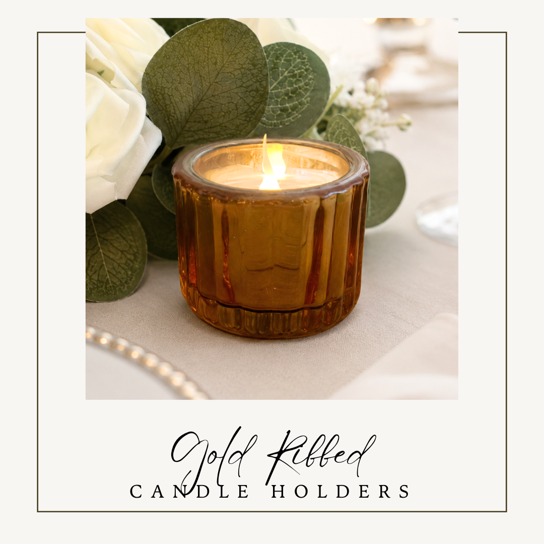 Gold ribbed candle holder with LED tealight candle