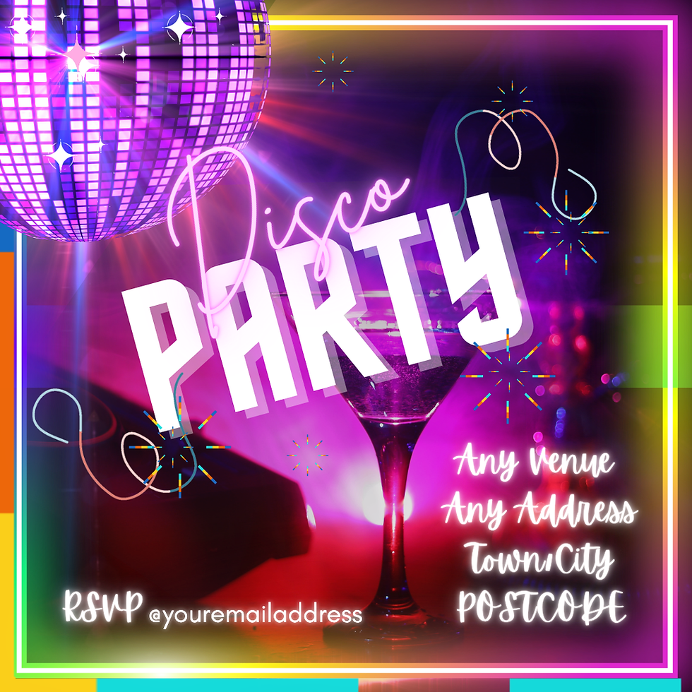 Thumbnail: Personalised Disco Party digital invitation with colourful lights and retro dance vibe.