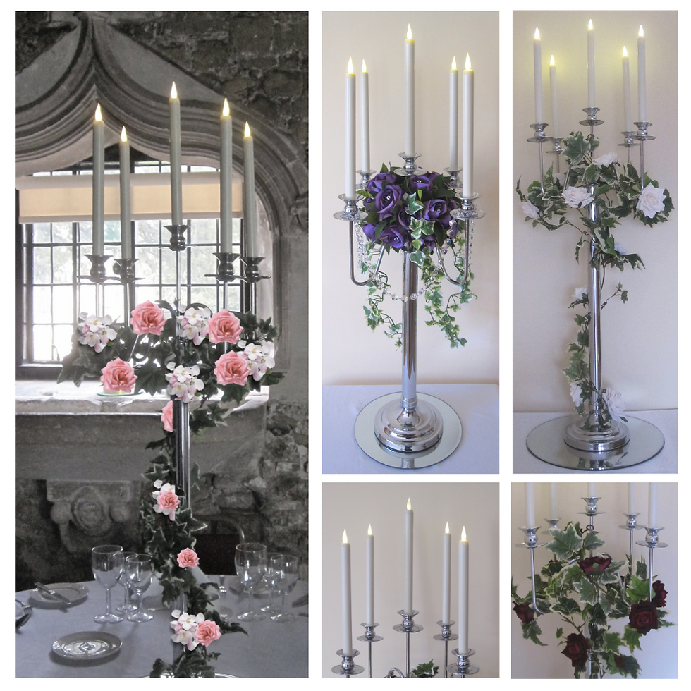 Thumbnail: A stylish 75cm candelabra with five arms, decorated with artificial flowers and LED candles, perfect for enhancing decor.