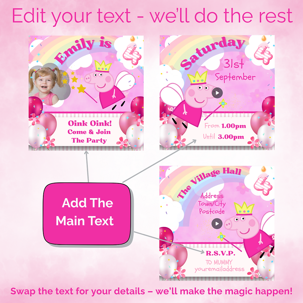 Peppa Pig fairy invite with wand and wings, add your own photo or video.