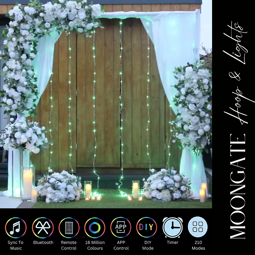 Thumbnail: Complete wedding venue setup with floral arch, LED lights, centrepieces, and neon sign