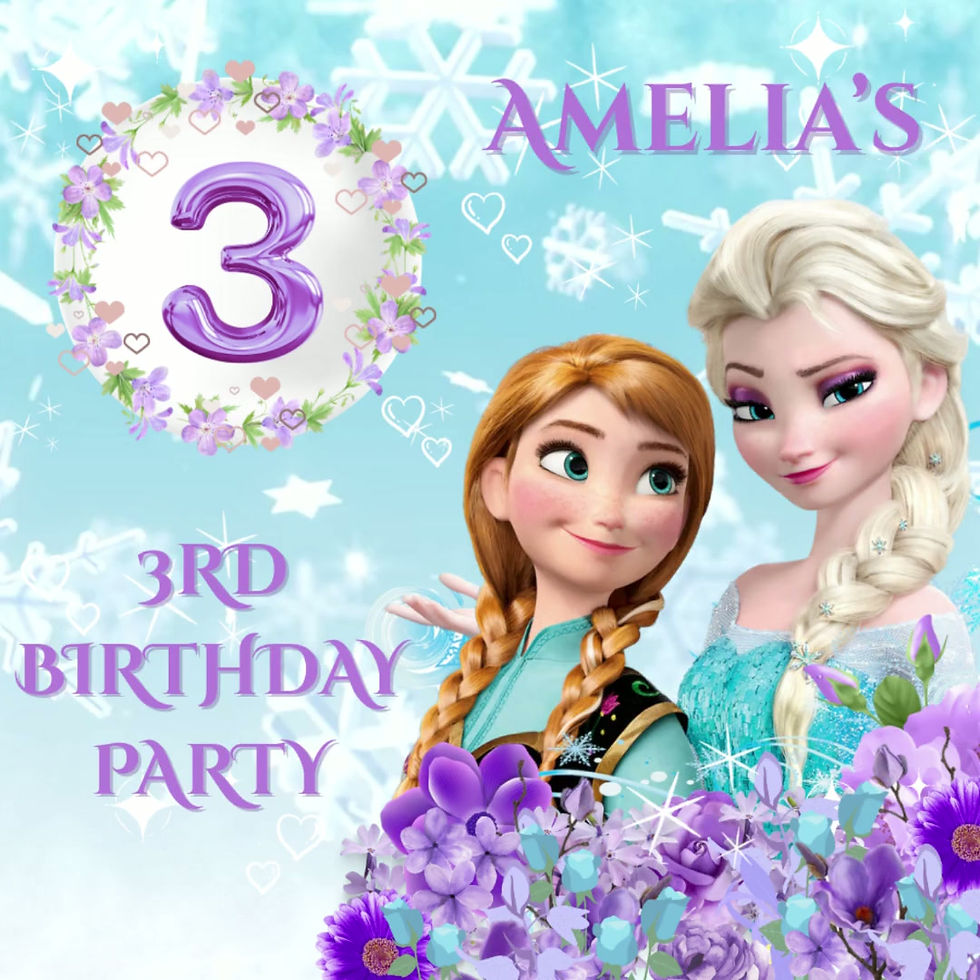 Frozen personalised digital birthday invitation video featuring Elsa, Anna and icy winter background.